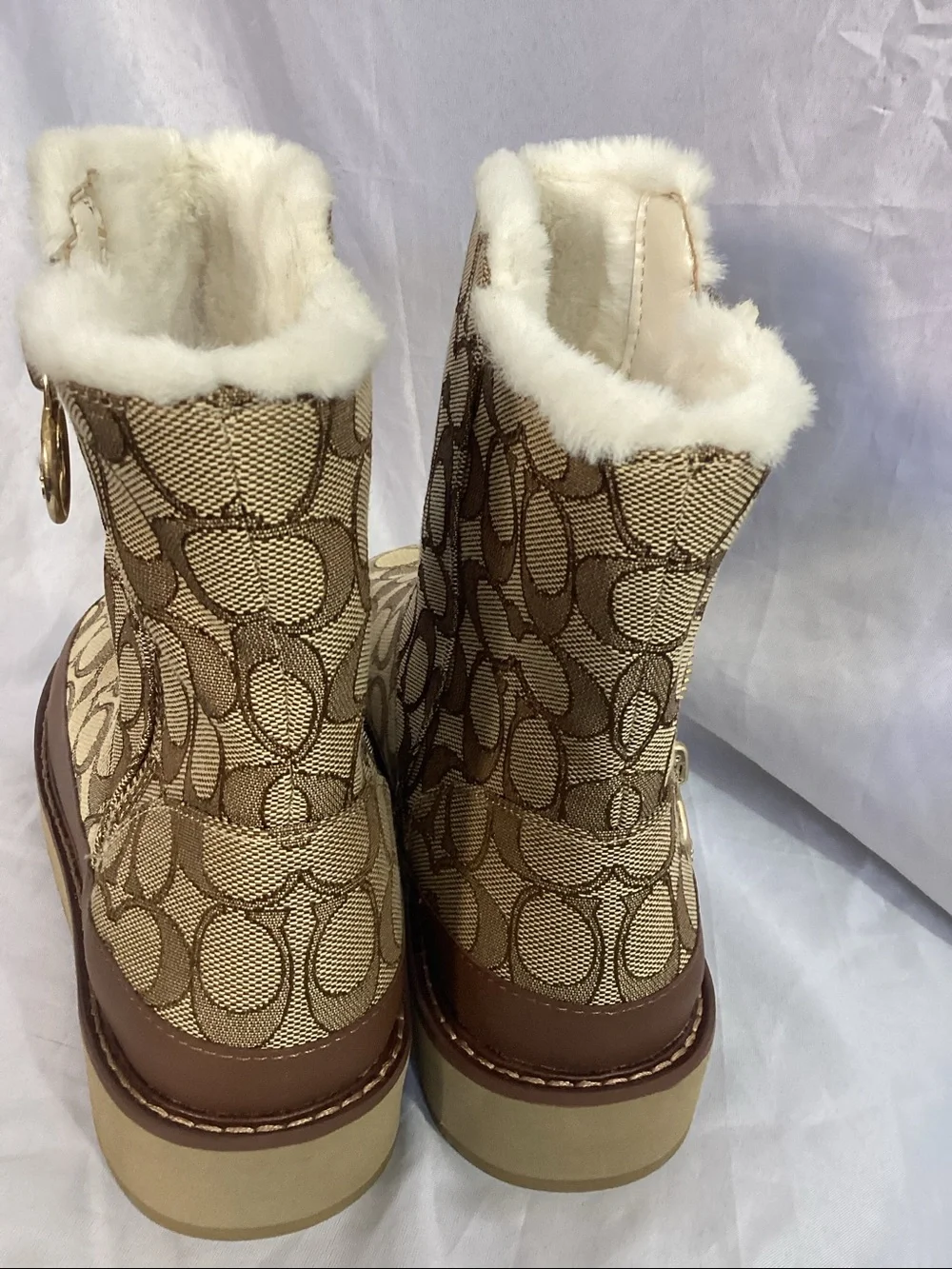 Coach Beige Signature Logo Shearling-Lined Women's Boot